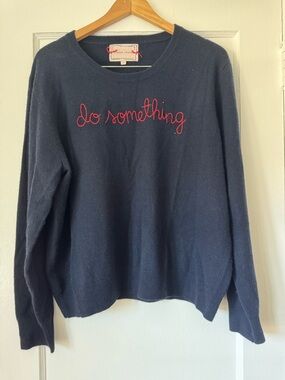 Lingua Franca “Do Something”100% Cashmere Embroidered Crewneck Sweater - Navy